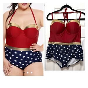 Hot Topic Plus Size 2 Wonder Woman Retro Costume Swimsuit Underwire One Piece